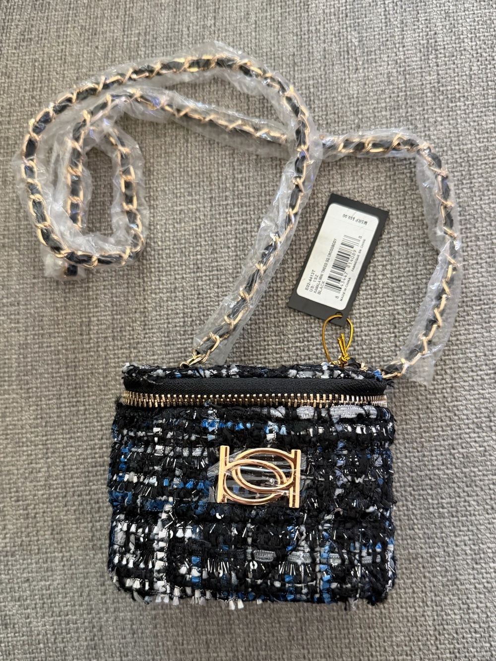 bebe Kamala Mini Tweed Crossbody in Black with Gold Hardware Brand New with Tags